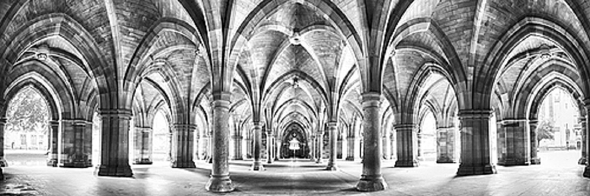 A panorama of the historic Cloisters of Glasgow University. Dramatic black and white processing.