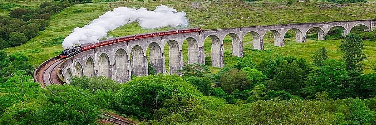 Detail of steam train on famous Glenfinnan viaduct, Scotland, United Kingdom
