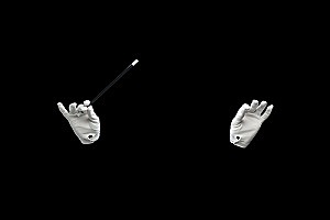 performance, circus, illusion and show concept   magician hands in white gloves with magic wand showing trick