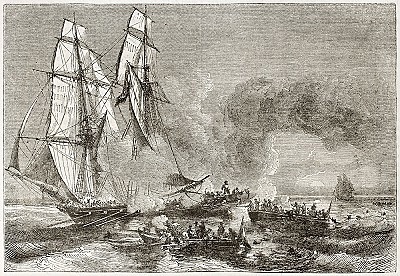 Slaver vessel escaping from military ship getting rid of slaves. Created by Morel Fatio, published on Magasin Pittoresque, Paris, 1844