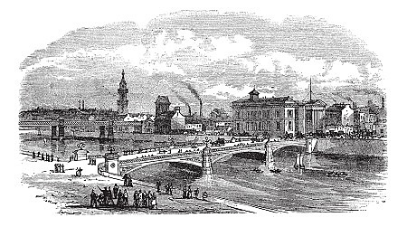 Albert bridge in Glasgow, Scotland, during the 1890s, vintage engraving. Old engraved illustration of Albert bridge with buildings in back.