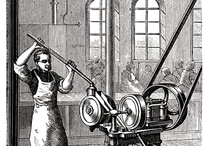 Engraving man with knurling machine processing metalSteel engraving from 1870Original edition from my own archives