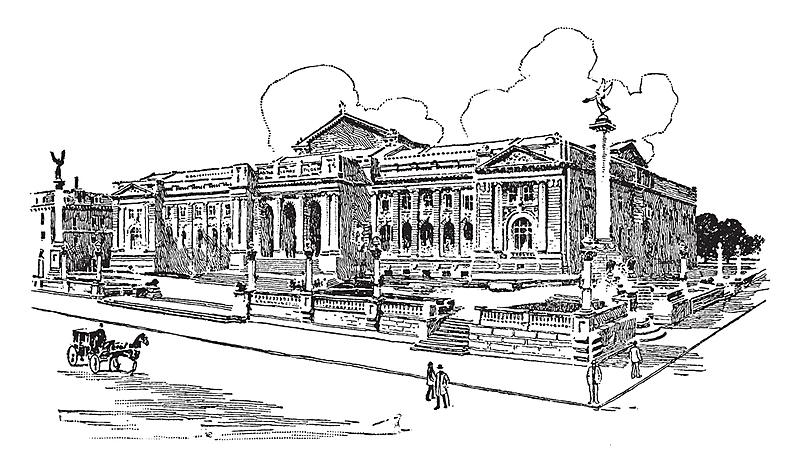 It is a public library building, which is situated in New York and some people standing outside it, vintage line drawing or engraving illustration.