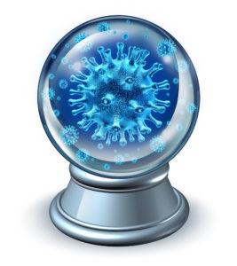 Predict disease medical health care concept as a metaphor for illness forecast and prognosis with dangerouse human virus cells in a fortune teller crystal ball as a symbol of patient diagnosis for preventive medicine.