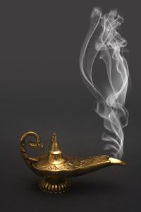 A magical genie lamp with smoke.