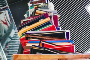 Hjoring, Denmark A stack of books at the local library.
