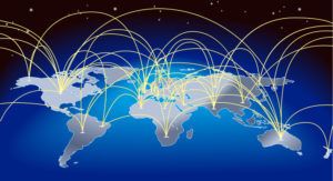 A world map background with flight paths or trade routes