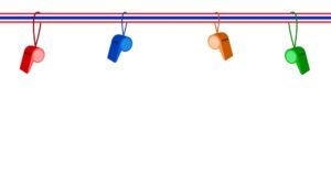 An Illustration of Four Whistles Hanging on Red, White and Blue Stripe Ribbon The Sport Concept and Democraycy Symbol for Against Government and Corruption.