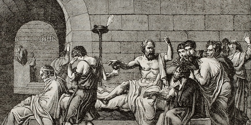 Socrates death old illustration, after tablet of David, published on Magasin Pittoresque, Paris, 1840