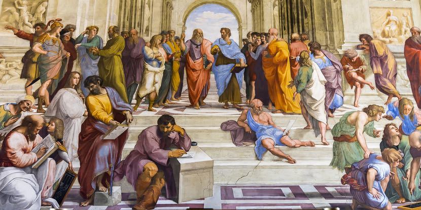 ROME, ITALY   OCTOBER 21, 2017: Raphael, School of Athens. represents all the greatest mathematicians, philosophers and scientists gathered together sharing their ideas and learning from each other.