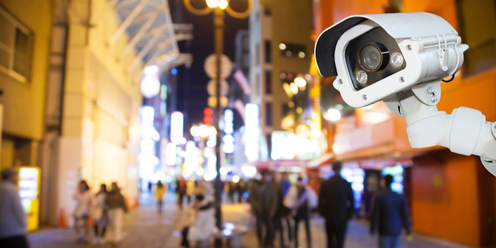 CCTV camera system security in shopping mall supermarket blur background.,Abstract background with Blurred people and shopping center in Dotonbori road in Namba District Osaka   Japan.