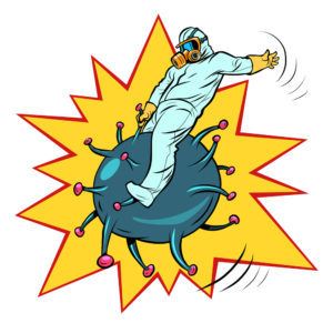 the doctor fights the coronavirus like a wild horse. Search for a vaccine. Science and health. Comics caricature pop art retro illustration drawing