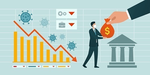 Impact of coronavirus covid 19 on economy and response: financial chart showing financial crisis and businessman receiving funds from government and central banks