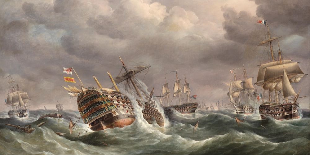 R.B. Spencer   Santisima Trinidad dismasted at the Battle of Trafalgar 1805.jpeg