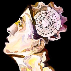 Circular Prayers. Female head and poetry spiral on subject of inner dialogue.