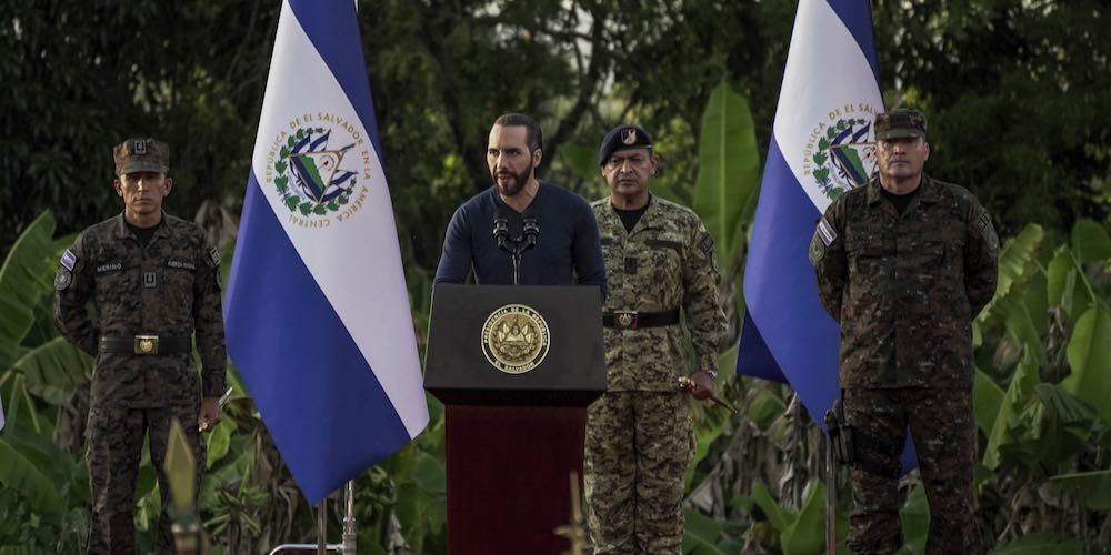 Salvadoran President Nayib Bukele addresses more than 14,000 troops in San Juan Opico. The president of El Salvador announced that police and soldiers will set up sieges in cities to search for gang members during the eight months of the ongoing state of emergency that has more than 58,000 behind bars. (Photo by Camilo Freedman / SOPA Images/Sipa USA)(Sipa via AP Images)