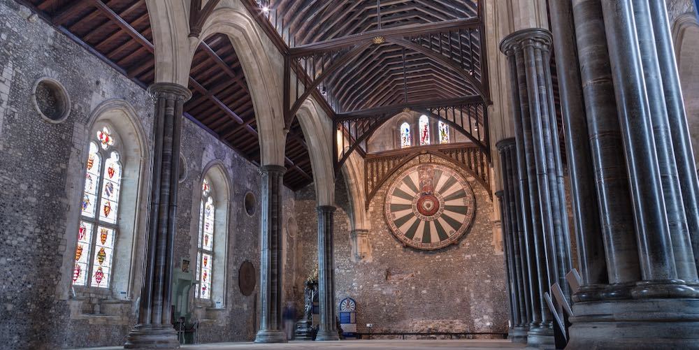 WINCHESTER, UK   March 15, 2020. King Arthurs Round Table and the Great Hall in Winchester, Hampshire, England