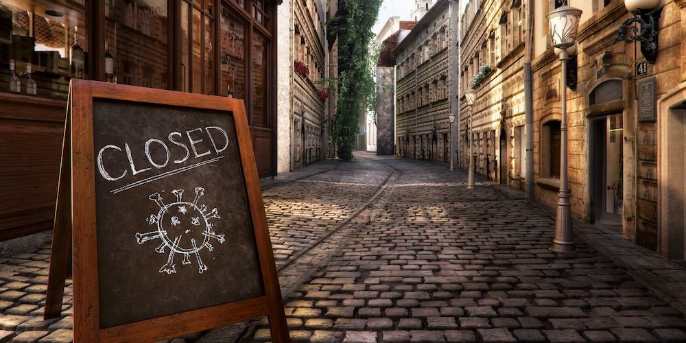 Coronavirus crisis. CLOSED message board near bar, cafe, shop on empty street. Corona virus COVID 19 disease global pandemic outbreak, business impact, isolation, quarantine, stay at home 3D concept