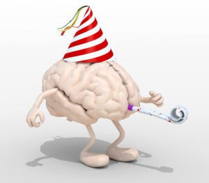 human brain with arms, legs, party cap and blowers, 3d illustration