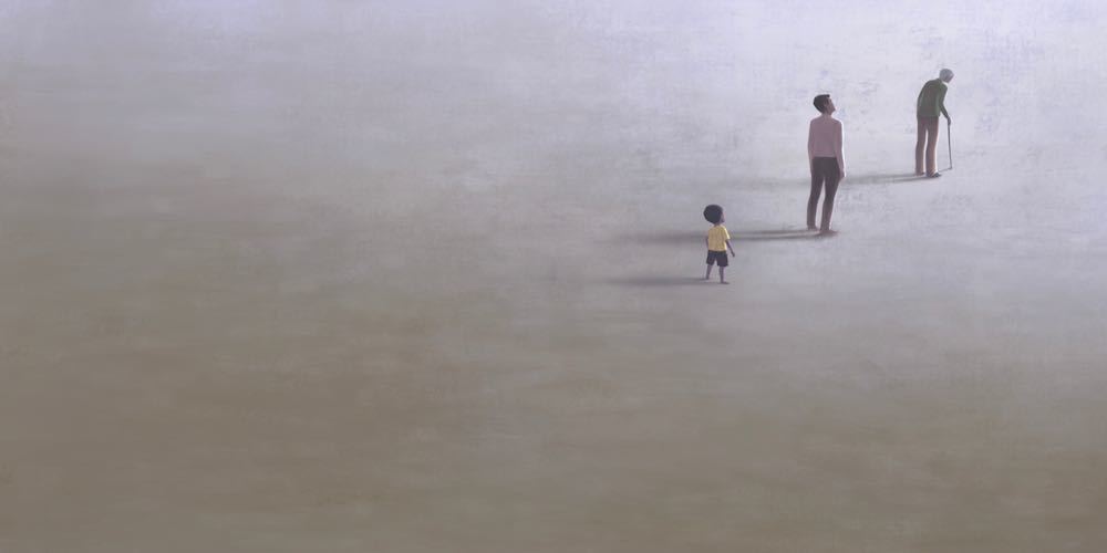 Life and age of humans concept art, surreal painting, boy young man and old man , three generation, conceptual illustration, imagination artwork