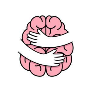 Abstract human brain with hands. Embrace internal organs. Icon design. Health care concept. Illustration on white background.