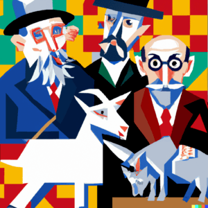 DALL·E 2023 11 25 12.36.02 cubist painting of marx hayek milton friedman and a goat with a crown 300x300.png