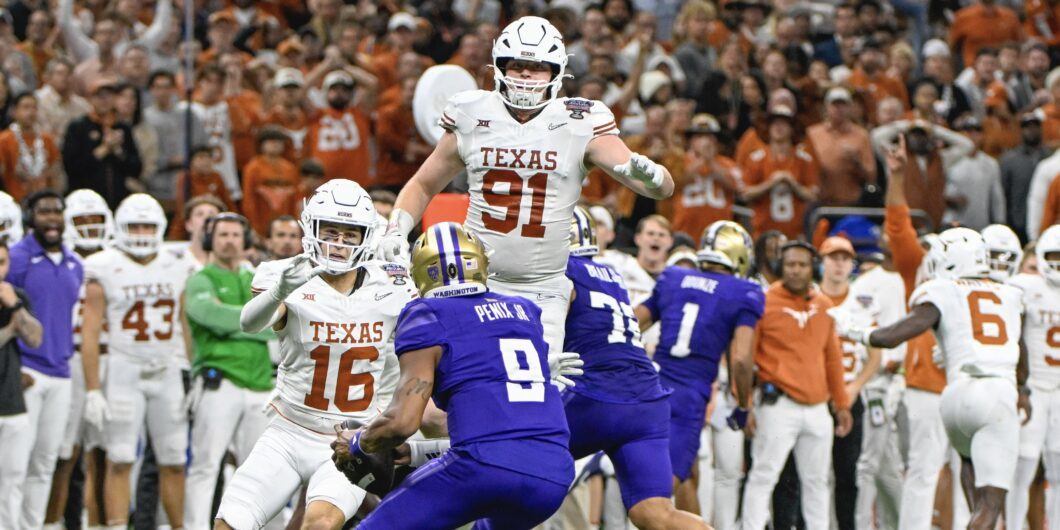 NEW ORLEANS, LA   JANUARY 01: Washington Huskies quarterback Michael Penix Jr. (9) prepares to pivot away from heavy pressure by Texas Longhorns defensive back Michael Taaffe (16) and Texas Longhorns defensive end Ethan Burke (91) during the Semifinal All State Sugar Bowl football game between the Texas Longhorns and Washington Huskies at the Caesars Superdome on January 1, 2024 in New Orleans Louisiana. (Photo by Ken Murray/Icon Sportswire) (Icon Sportswire via AP Images)
