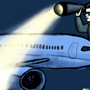DALL·E 2024 02 26 14.26.31 drawing of a blind man looking into a boeing airplane with a flashlight 300x300.png