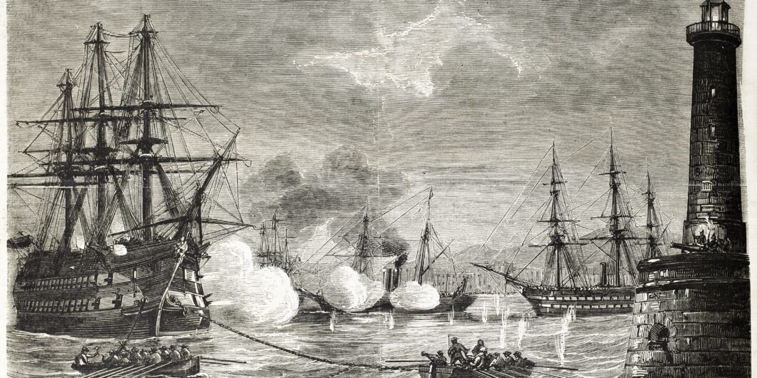 Attack to the Monarca by the Vessel in Castellammare port, Italy, during the expedition of the Thousand. Created by Marc, published on L'Illustration, Journal Universel, Paris, 1860