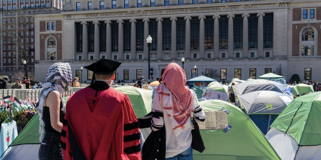 Pro Palestinian supporters set up a protest encampment on the campus of Columbia University in New York as seen on April 22, 2024