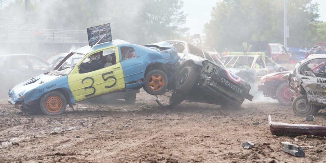 Oshkosh, Wisconsin / USA   September 19th, 2019: Many Wreck broken down vehicles smash and run into each other in a derby.