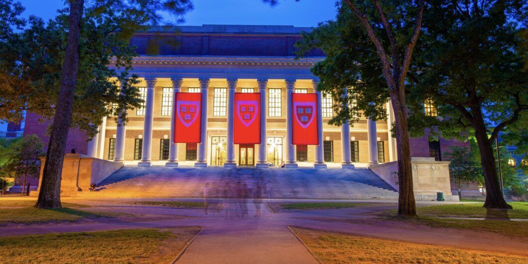 Cambridge, MA, USA   May 17, 2022:  the Harry Elkins Widener Memorial Library, Harvard University's flagship library, in Harvard Yard, Cambridge, Massachusetts.