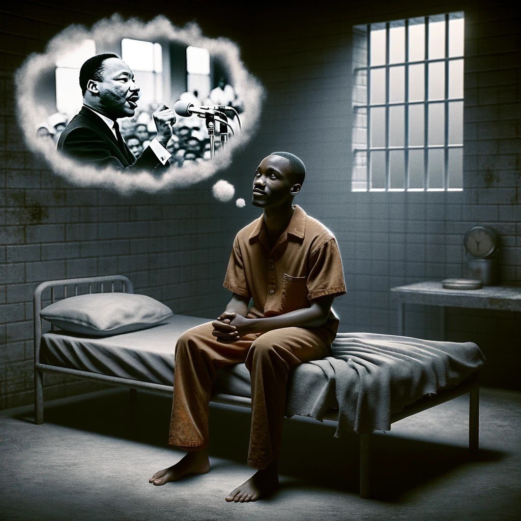 DALL·E 2024 06 02 12.05.06 A square image depicting a young black man in prison sitting on his bed in a dimly lit cell. He has a thoughtful hopeful expression on his face and.jpeg