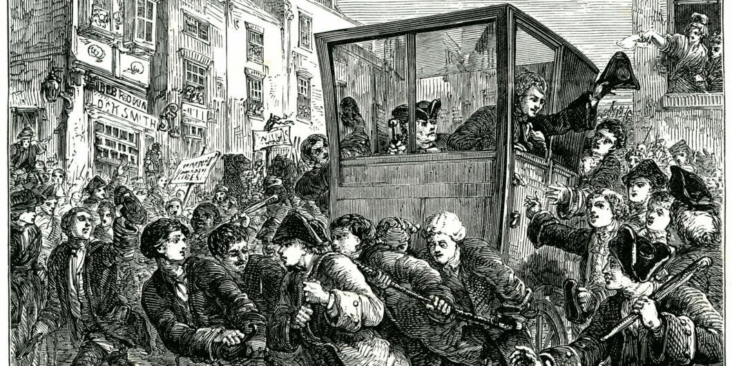 B7P4RH john wilkes being drawn into city mob prison 1768 English radical journalist and politician