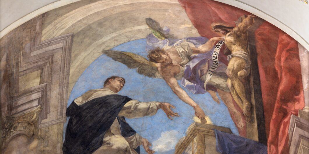 PRAGUE, CZECH REPUBLIC   OCTOBER 12, 2018:  The Fresco of vision of Saint Thomas of Aquinas in church kostel Svatého Tomáše by Václav Vavřinec Reiner (1689   1743).
