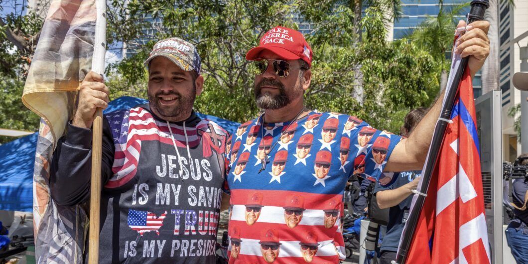 MIAMI, Fla. – June 13, 2023: Demonstrators gather near the Wilkie D. Ferguson, Jr. U.S. Courthouse on the day of an arraignment hearing for former President Donald J. Trump.