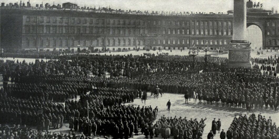 Russian army officers take the oath of allegiance to the October Revolution. 1917. Soldiers gathered in the square of the Winter Palace, many of whom previously supported the Provisional Government.