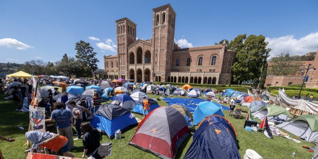 Pro Palestinian protesters gathered at an encampment at the University of California, Los Angeles (UCLA), on Friday, April 26, 2024, in Los Angeles.