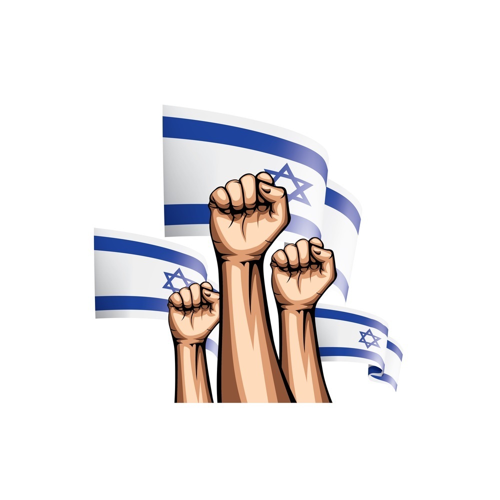 Israel flag and hand on white background. Vector illustration.