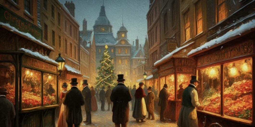 Oil painting artistic image of a victorian christmas market, in the 1800s, use warm colors red, green, white, gold, black, include christmas trees, give it a dark, a christmas carol, charles dickens feeling