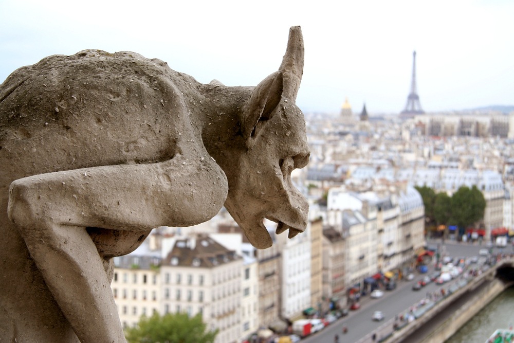 Closeup of gargoyle on top of Notre Dame de Paris