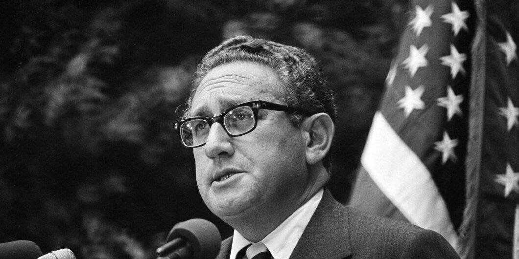 Secretary of State Henry A. Kissinger speaks to employees of the State Department in Washington, Sept. 28, 1973. Kissinger urged them to seize what he described as unparalleled opportunity to bring about a peaceful international structure. (AP Photo/Charles Tasnadi)