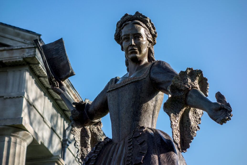 Mercy Otis Warren bronze statue at Barnstable County Courthouse, Massachusetts.