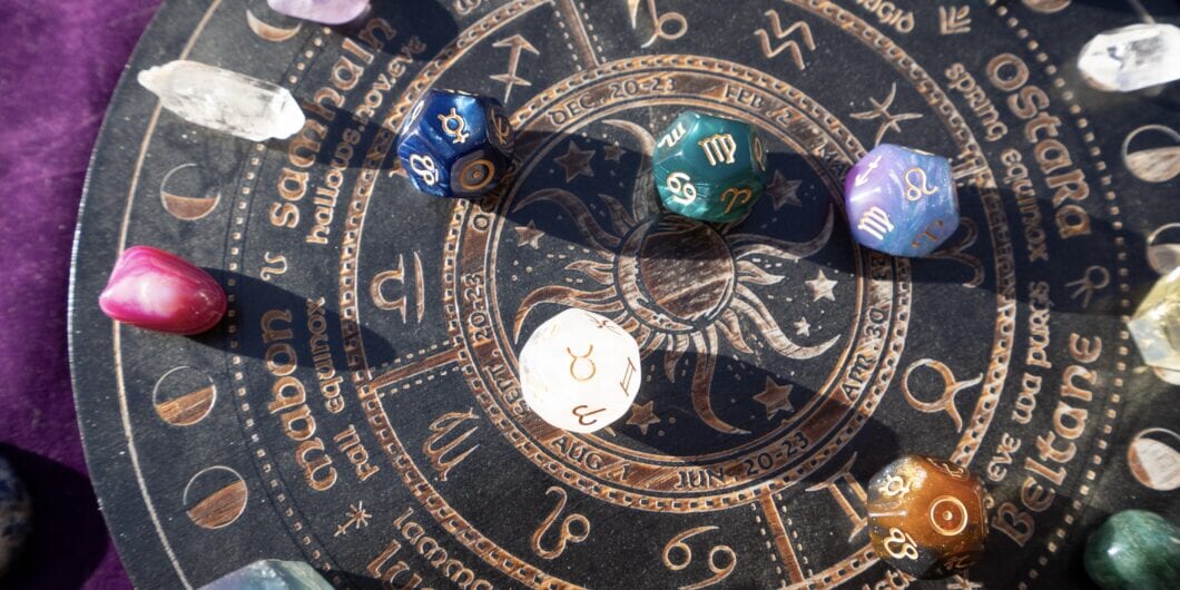 Horoscope zodiac circle with divination dice and birthstones. Fortune telling and astrology predictions charts concept, magic rituals and exoteric experience