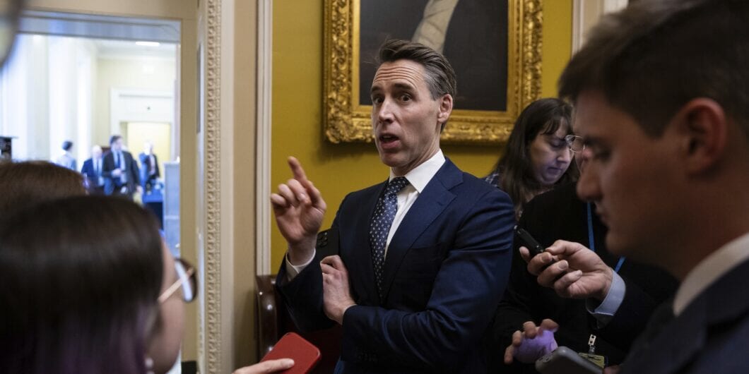 Sen. Josh Hawley (R Mo.) speaks with reporters at the U.S. Capitol Jan. 9, 2025. (Francis Chung/POLITICO via AP Images)