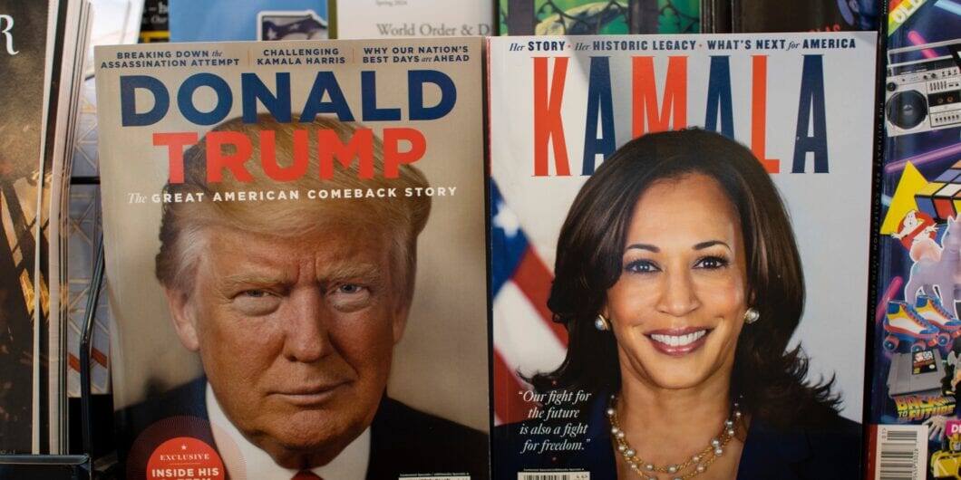 Tigard, OR, USA   Sep 5, 2024: Magazines published by A360 Media with presidential nominees Donald J. Trump and Kamala Harris on the covers are displayed at a bookstore in Tigard, Oregon.