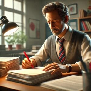 DALL·E 2025 03 16 11.29.18 A realistic scene of a teacher sitting at a desk grading a stack of student papers with a red pen. The teacher an older professional has a focused  300x300.jpg