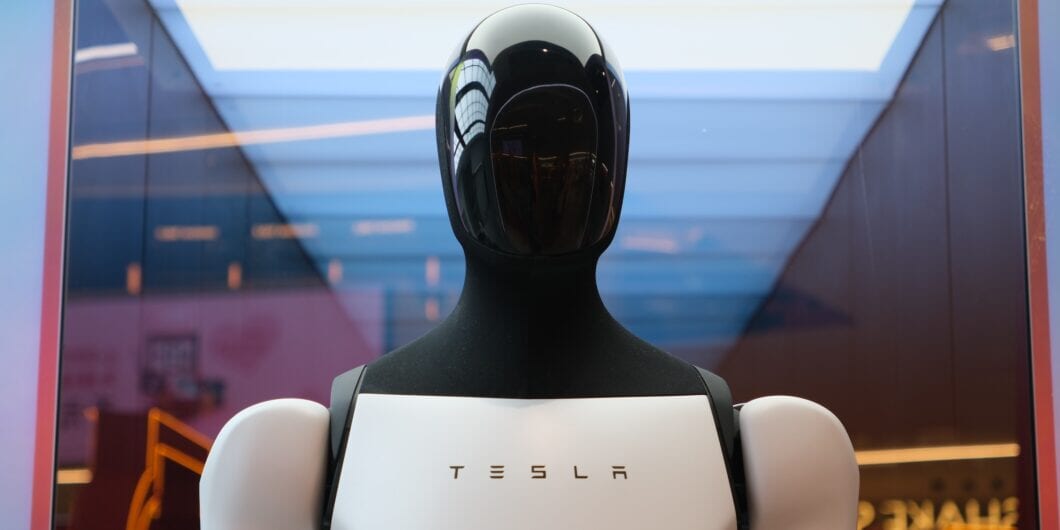 Shanghai,China Feb.15th 2025: Tesla robot (Tesla bot) Optimus with brand logo