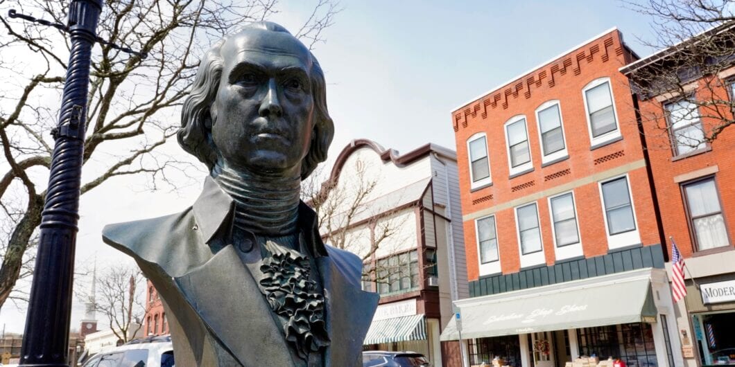 Madison, NJ, USA  April 15, 2025: Named in honor of President James Madison, Madison, NJ, is home to a thriving Main Street with a landmark clock, colorful shops, restaurants, and patriotic monuments.