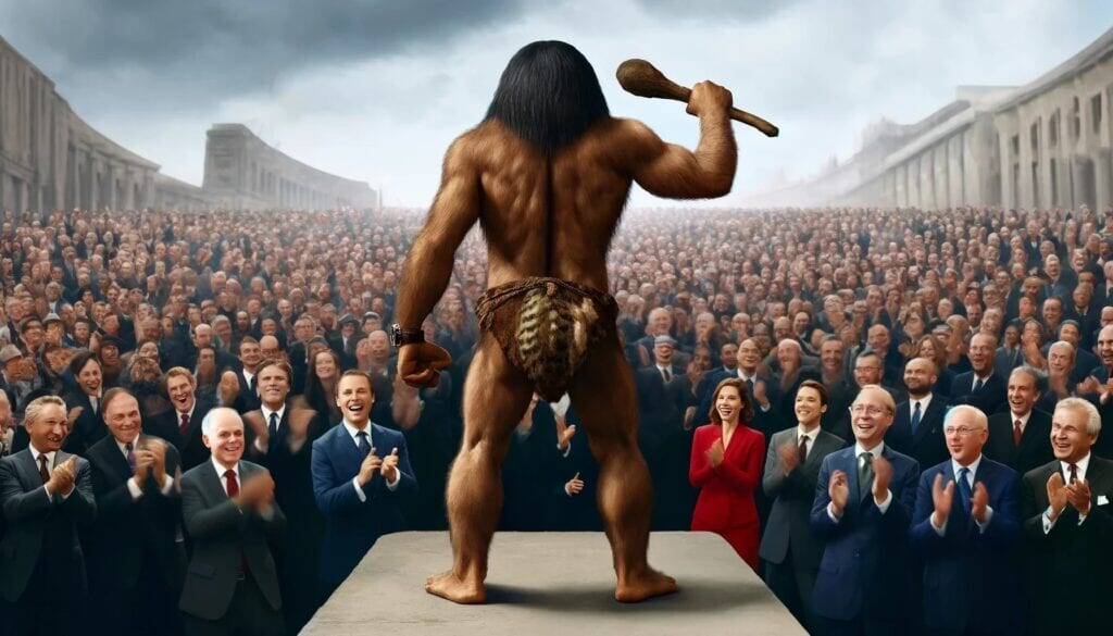 A caveman politician with his distinguished fans (By DALL E, under the guidance of Pierre Lemieux)